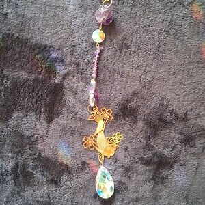 Gold Floral Fish Crystal Hanging Suncatcher - Amethyst & Iridescent Beads
